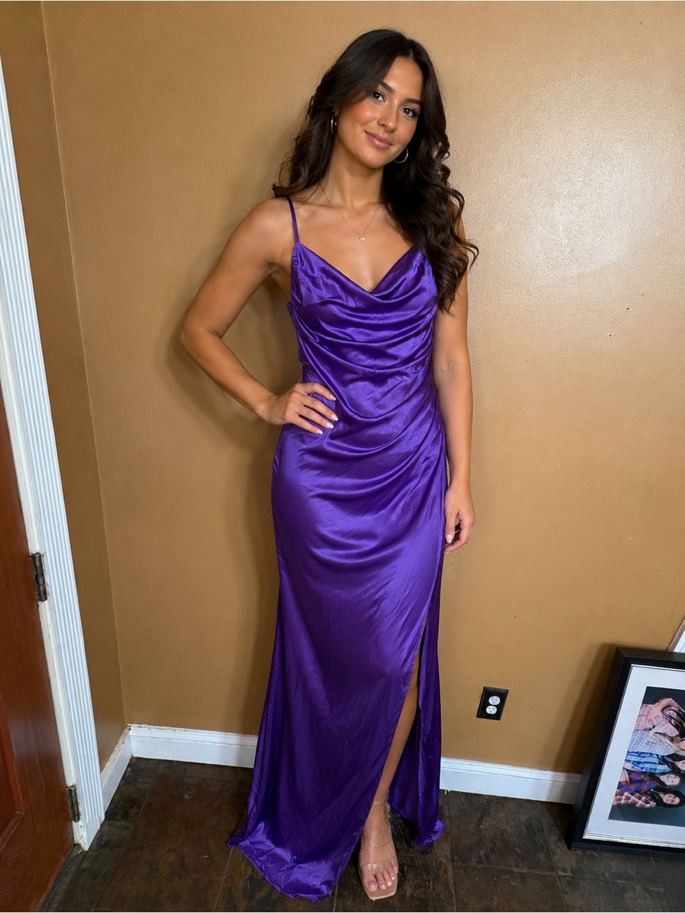 Purple Satin Cowl Slip Maxi Dress with Side Slit